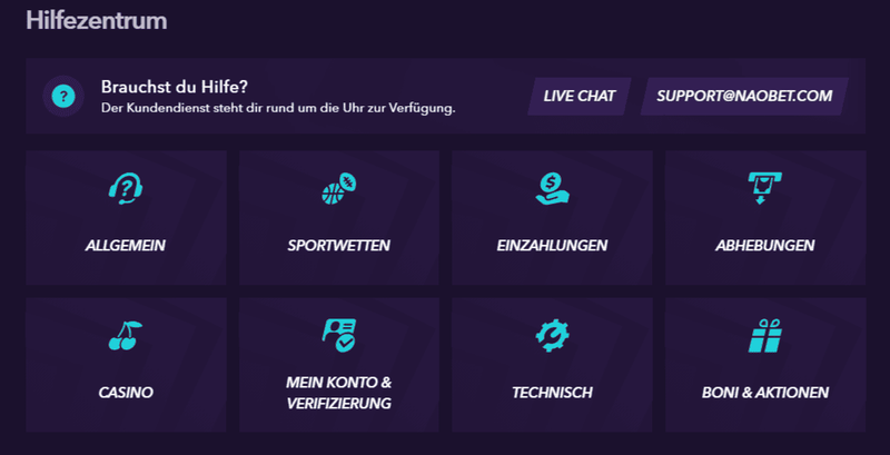 Naobet Casino Hilfezentrum mit Live-Chat und E-Mail-Support rund um die Uhr